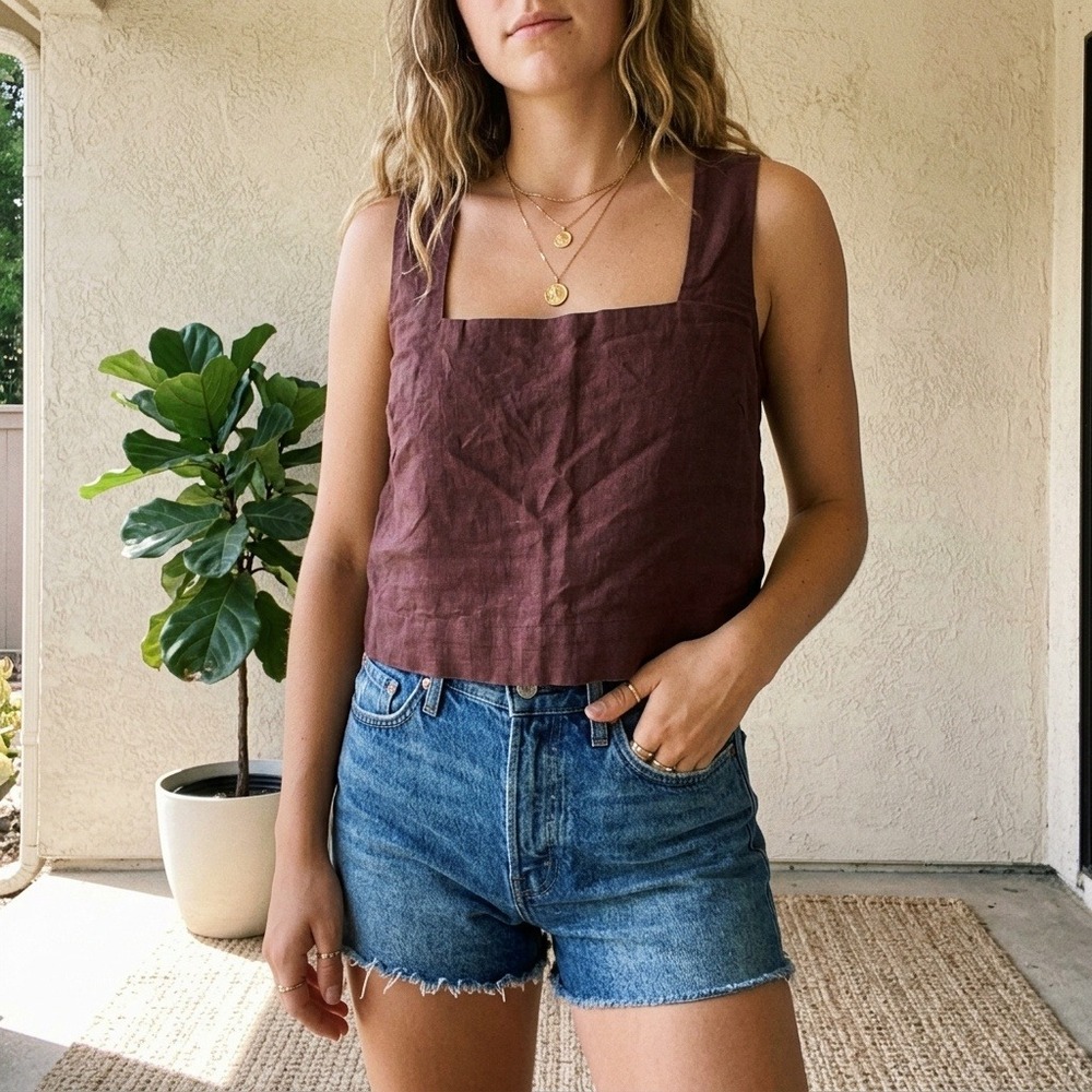 Abercrombie & Fitch Womens Top Medium Brown Square Neck Linen Blend Crop